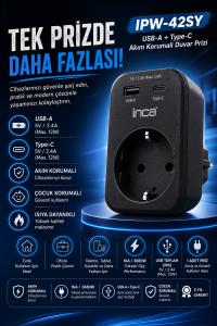 Inca IPW-42SY 1Port 12W USB+Type-C Akım Korumalı Duvar Priz-Siyah USB Girişi: 220V-250V~ 50/60HZ Çocuk Koruma Özelliği I - 1